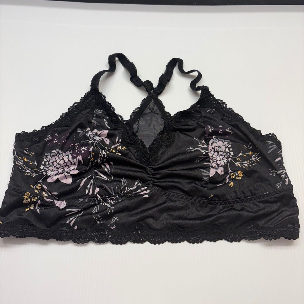 Torrid Bralette Womens 3 Black Floral Lace Trim Racerback Unlined Silky Lingerie